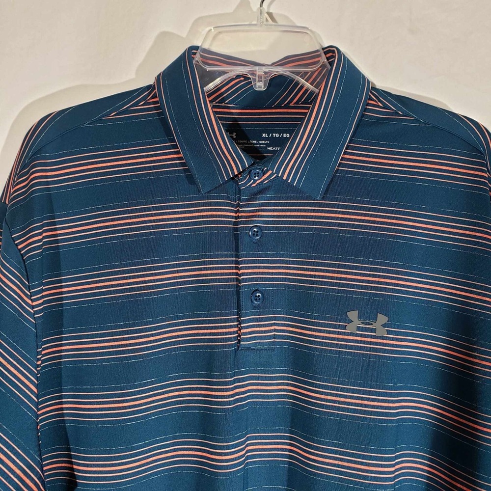 UNDER ARMOUR Heat Gear Polo Golf Shirt Navy Orange Striped Loose Fit Men XL
